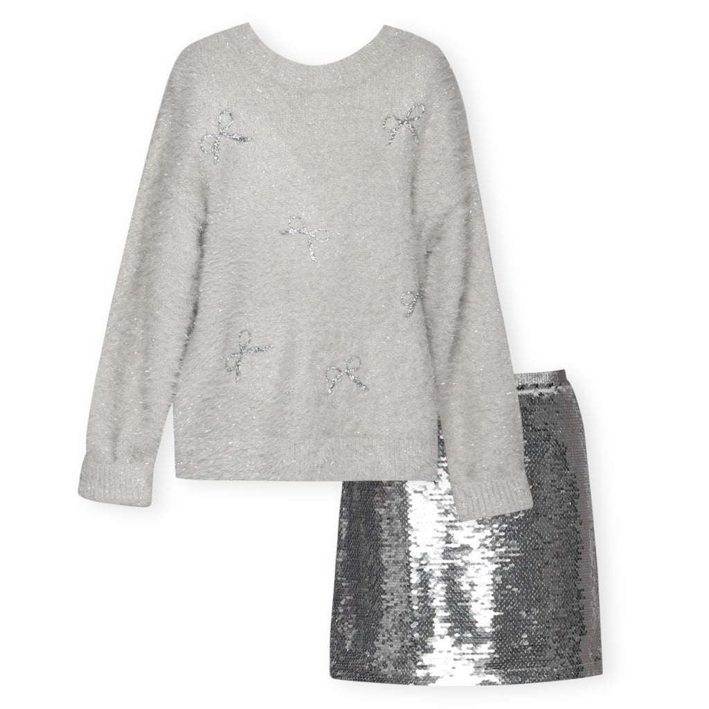 Hannah Banana Fuzzy Metallic Sequin Bows Sweater & Sequin Mini Skirt Set 7-12 ~ Grey/Silver