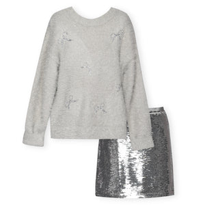 Hannah Banana Fuzzy Metallic Sequin Bows Sweater & Sequin Mini Skirt Set 7-12 ~ Grey/Silver
