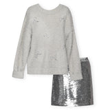 Hannah Banana Fuzzy Metallic Sequin Bows Sweater & Sequin Mini Skirt Set 7-12 ~ Grey/Silver