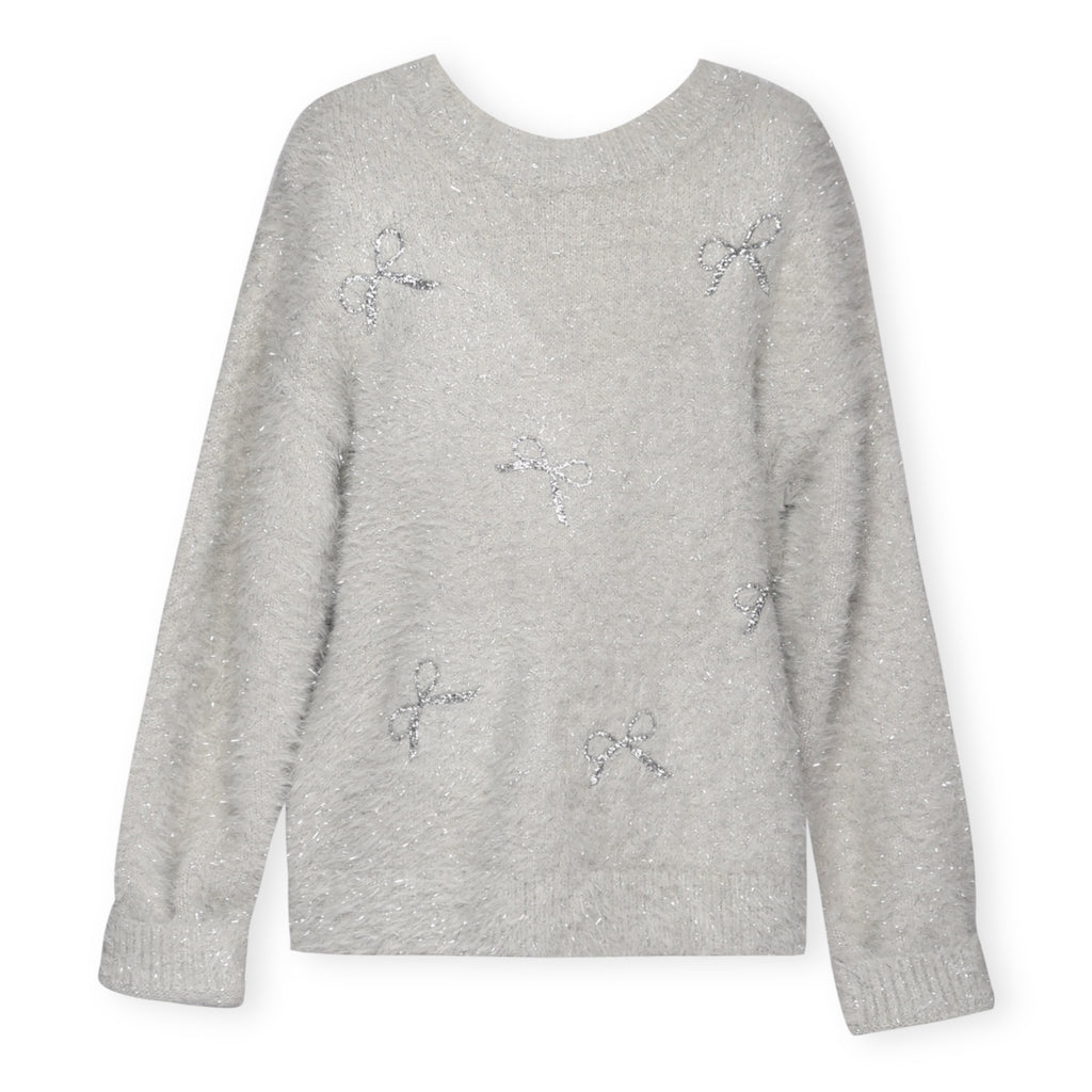 Hannah Banana Fuzzy Metallic Sequin Bows Sweater & Sequin Mini Skirt Set 7-12 ~ Grey/Silver