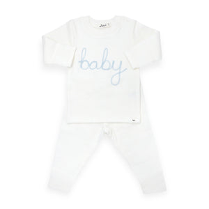 Oh Baby! "Baby" Embroidered 2pc Set ~ Cream/Sky Blue