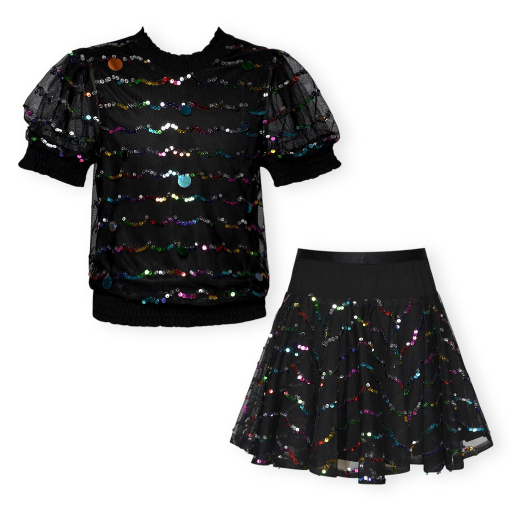 Hannah Banana Colorful Sequin Mesh Top & Circle Skirt Set 7-12 ~ Black Multi