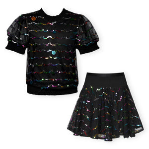 Hannah Banana Colorful Sequin Mesh Top & Circle Skirt Set 7-12 ~ Black Multi