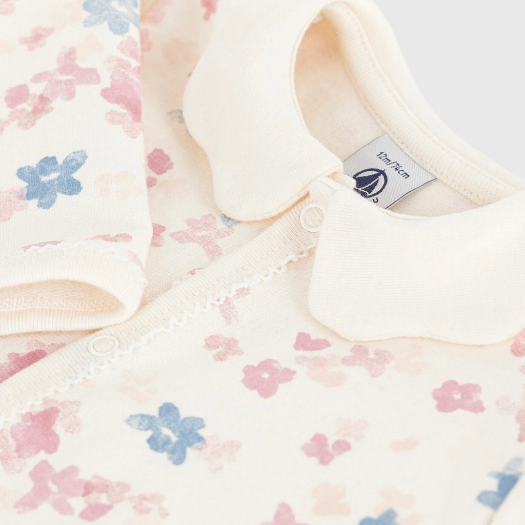 Petit Bateau Front Snap Floral Print Brushed Fleece Footie w/ Scalloped Collar ~ White Multi