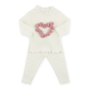 Oh Baby! Rosette Heart Lettuce Edge Ribbed Mock Neck 2pc Set ~ Cream