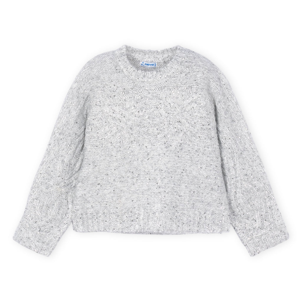 Mayoral Girls Knit Sweater w/ Sequins & Pleated Faux Leather Skirt Set ~ Silver