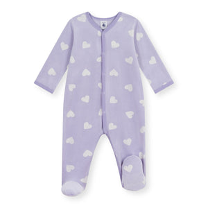 Petit Bateau Velour Front Snap Heart Print Footie ~ Purple/White