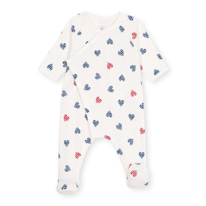 Petit Bateau Side Snap Striped Hearts Print Footie ~ White Multi