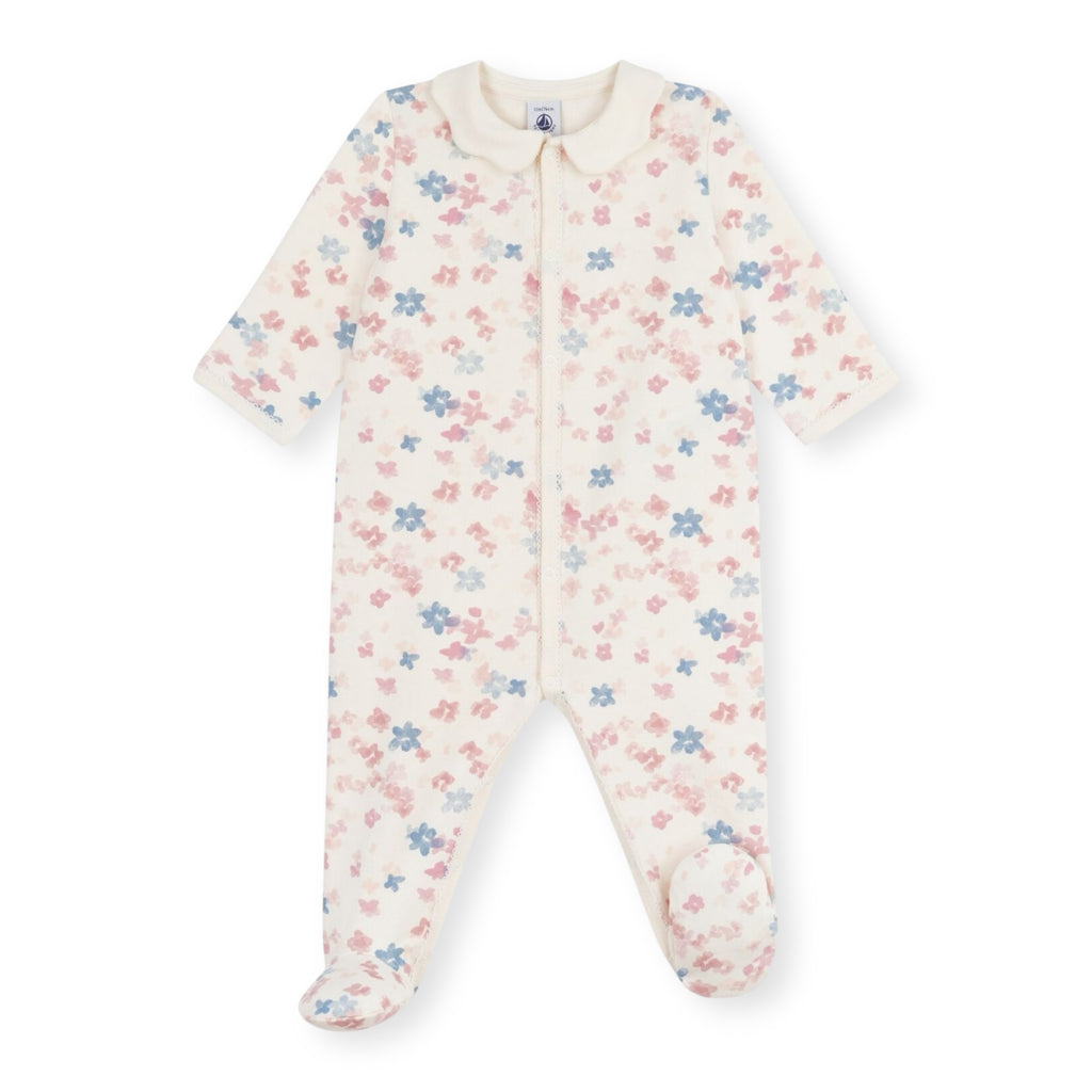 Petit Bateau Front Snap Floral Print Brushed Fleece Footie w/ Scalloped Collar ~ White Multi