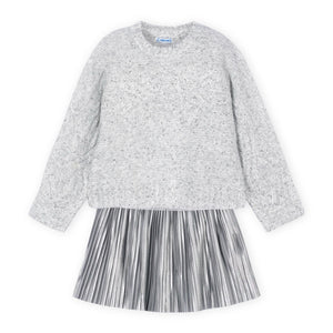 Mayoral Girls Knit Sweater w/ Sequins & Pleated Faux Leather Skirt Set 7-12 ~ Silver