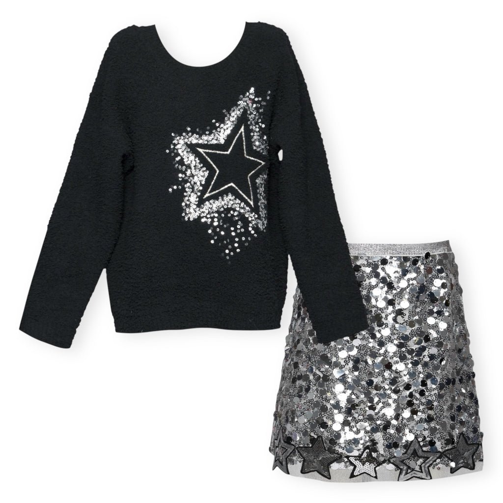 Hannah Banana Embroidered Star Knit Sweater & Sequin Star Mini Skirt Set 7-12 ~ Black/Silver