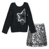 Hannah Banana Embroidered Star Knit Sweater & Sequin Star Mini Skirt Set 7-12 ~ Black/Silver