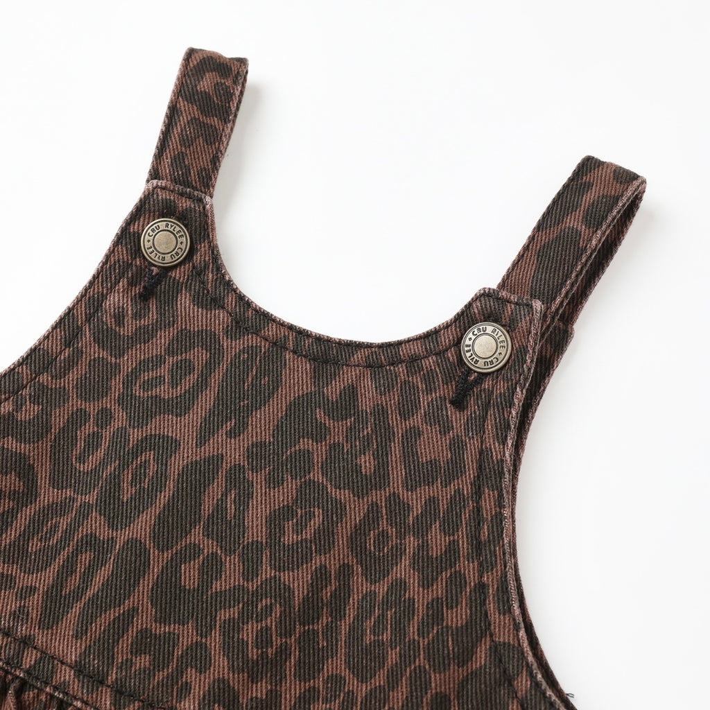 Rylee + Cru Girls Ribbed l/s Top & Wide Leg Overalls Set ~ Black/Leopard