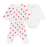 Petit Bateau Heart Cardigan, Pants & l/s Collared Onesie Set ~ White/Red