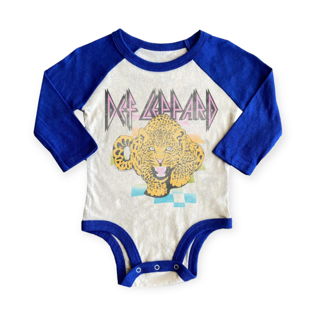Rowdy Sprout Def Leppard l/s Raglan Onesie ~ Cream/Royal