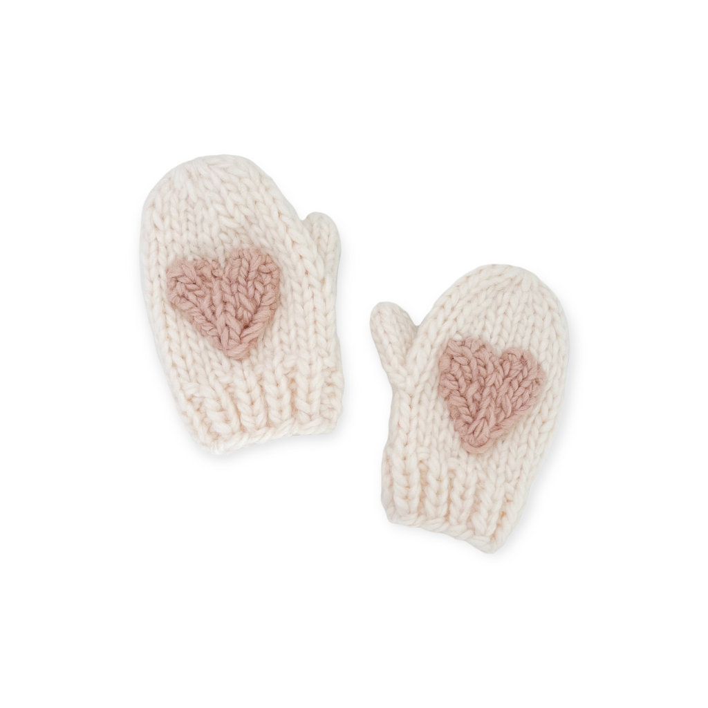 The Blueberry Hill Heart Knit Baby Mittens ~ Cream/Blush