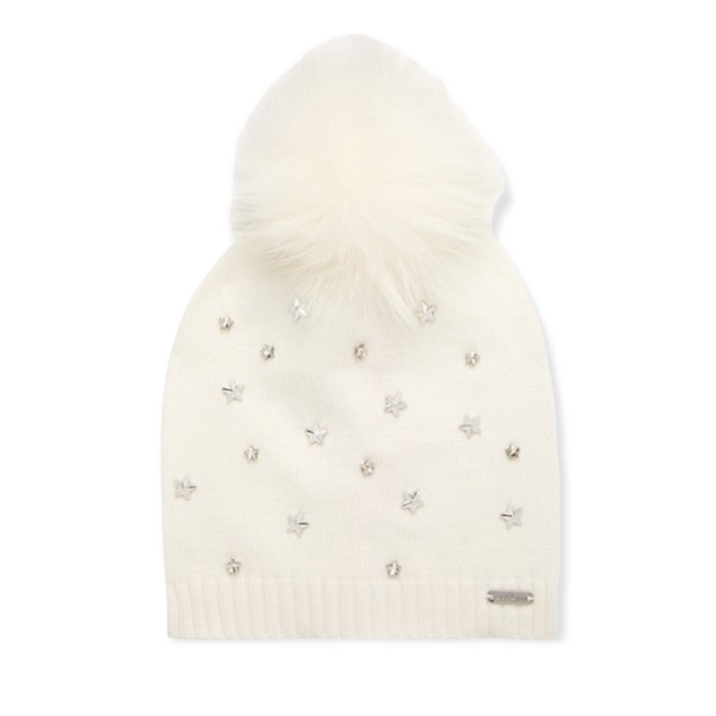 Bari Lynn Studded Star Knit Hat w/ Fur Pom