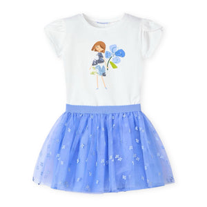 Mayoral Girls Cap Sleeve Top & Tulle Skirt Set ~ White/Indigo