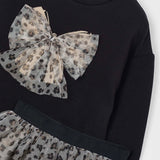 Mayoral Girls Bow Sweatshirt & Tulle Skirt Set ~ Black/Leopard