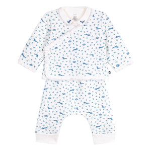 Petit Bateau Fox Print Onesie, Cardigan & Pants Set ~ White/Blue