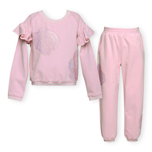 Hannah Banana Rhinestone Rose Ruffle Sweatshirt & Joggers Set~ Pink