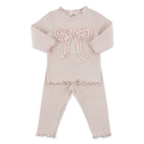 Oh Baby! Velvet Ruffle Bow Ribbed Mock Neck 2pc Set ~ Dusty Pink