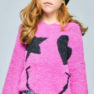 Hannah Banana Star & Heart Smiley Face Fuzzy Sweater ~ Pink