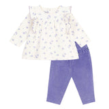 Petit Bateau Baby Floral l/s Blouse w/ Ruffles & Corduroy Pants Set ~ Cream/Purple