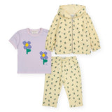 Bobo Choses Baby Pansy Flower Printed Zip Hoodie, T-Shirt & Pants Set ~ Light Yellow