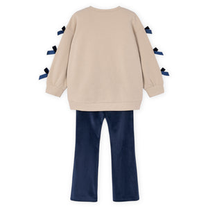 Mayoral Girls Bow Sweatshirt & Flare Leggings Set ~ Beige/Navy