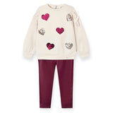 Mayoral Girls Sequin Hearts Sweatshirt & Faux Leather Leggings Set ~ Oat/Blackberry