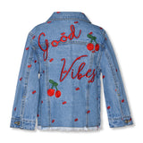 Baby Sara Good Vibes & Cherry Embroidered Denim Jacket ~ Blue