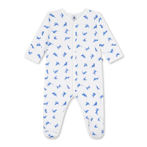 Petit Bateau Front Snap Cats Print Footie ~ White/Blue