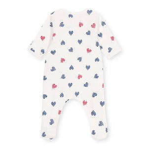 Petit Bateau Side Snap Striped Hearts Print Footie ~ White Multi