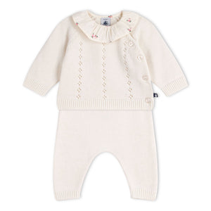 Petit Bateau Knit Sweater w/ Ruffle & Pants Set ~ White