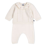 Petit Bateau Knit Sweater w/ Ruffle & Pants Set ~ White