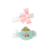 Lilies & Roses Teapot & Pink Bow Hair Clips