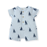 Oh Baby! Navy Sailboat Print Short Romper ~ Sky Blue