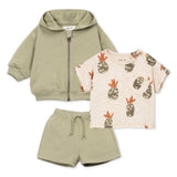 Play Up Baby Fleece Zip Hoodie, Pineapple T-Shirt & Sweatshorts Set ~ Pale Olive/Oatmeal
