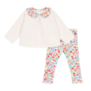 Petit Bateau Baby Top w/ Floral Print Collar & Leggings Set ~ Cream/Multi