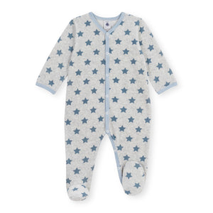 Petit Bateau Velour Front Snap Star Print Footie ~ Grey/Blue