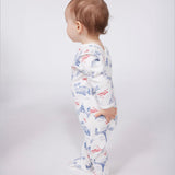 Petit Bateau Front Snap Parisian Print Footie ~ White/Blue