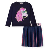 Billieblush Sequin Unicorn l/s Tee & Pleated Skirt w/ Neon Highlight Set ~ Indigo