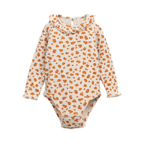 Play Up Baby Ribbed Ruffle Collar l/s Onesie & Denim Dress Set ~ Marigold Leopard