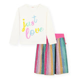 Billieblush "Just Love" l/s Tee & Pleated Sequin Rainbow Midi Skirt Set ~ White/Multi