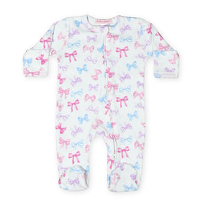 Baby Steps Zip Footie ~ Bows/White