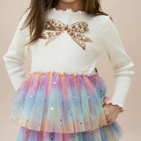 Petite Hailey l/s Bow Layered Tutu Dress ~ Ivory/Multi