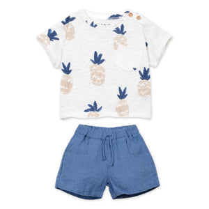 Play Up Baby Pineapple Print T-Shirt & Linen Shorts Set ~ White/Blue