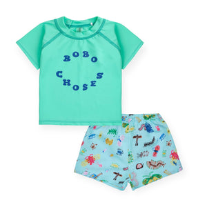 Bobo Choses Baby s/s Rashguard & Swim Trunks ~ Aqua Blue/Funny Insects