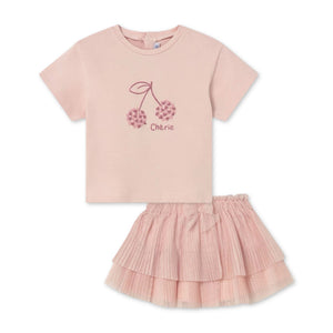 Mayoral Baby Girl Cherie T-shirt & Pleated Tulle Skirt Set ~ Peony/Blossom